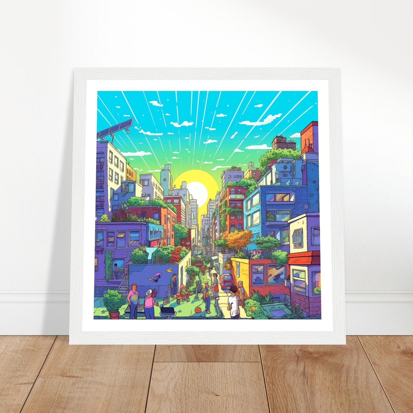 Solarpunk Sunrise Premium Wooden Framed Print