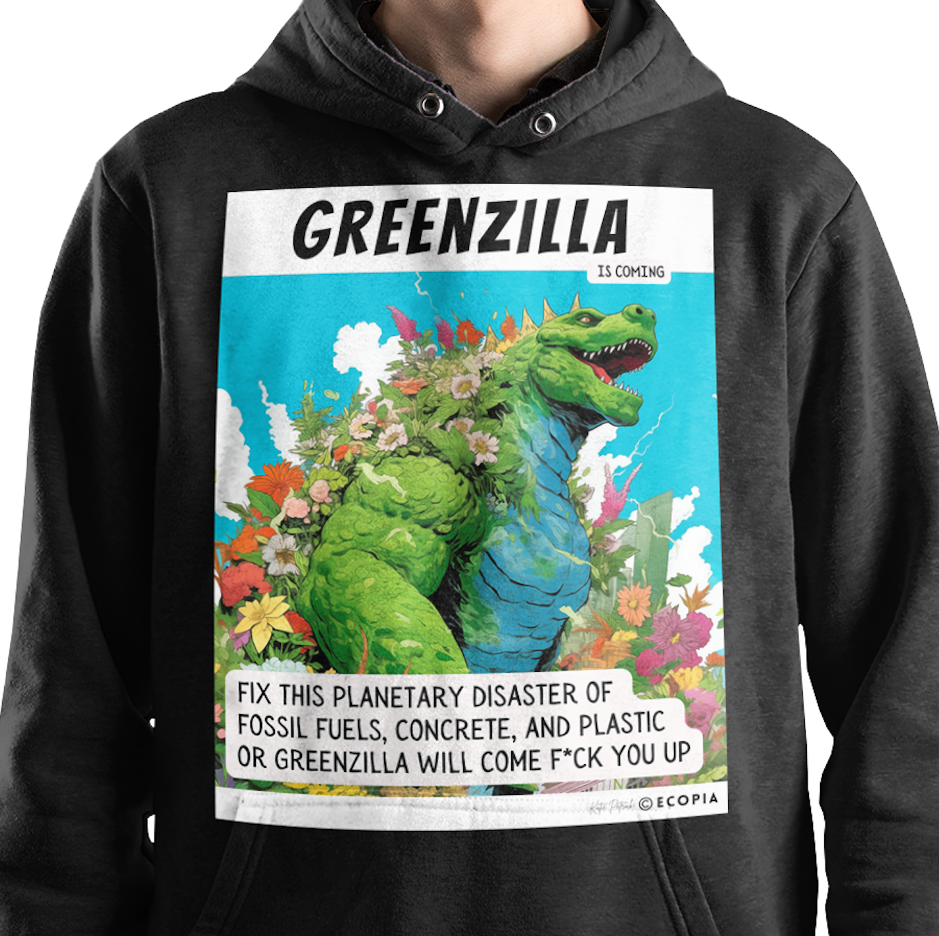 *Organic* “Greenzilla Is Coming” Unisex Pullover Hoodie | Black + Navy