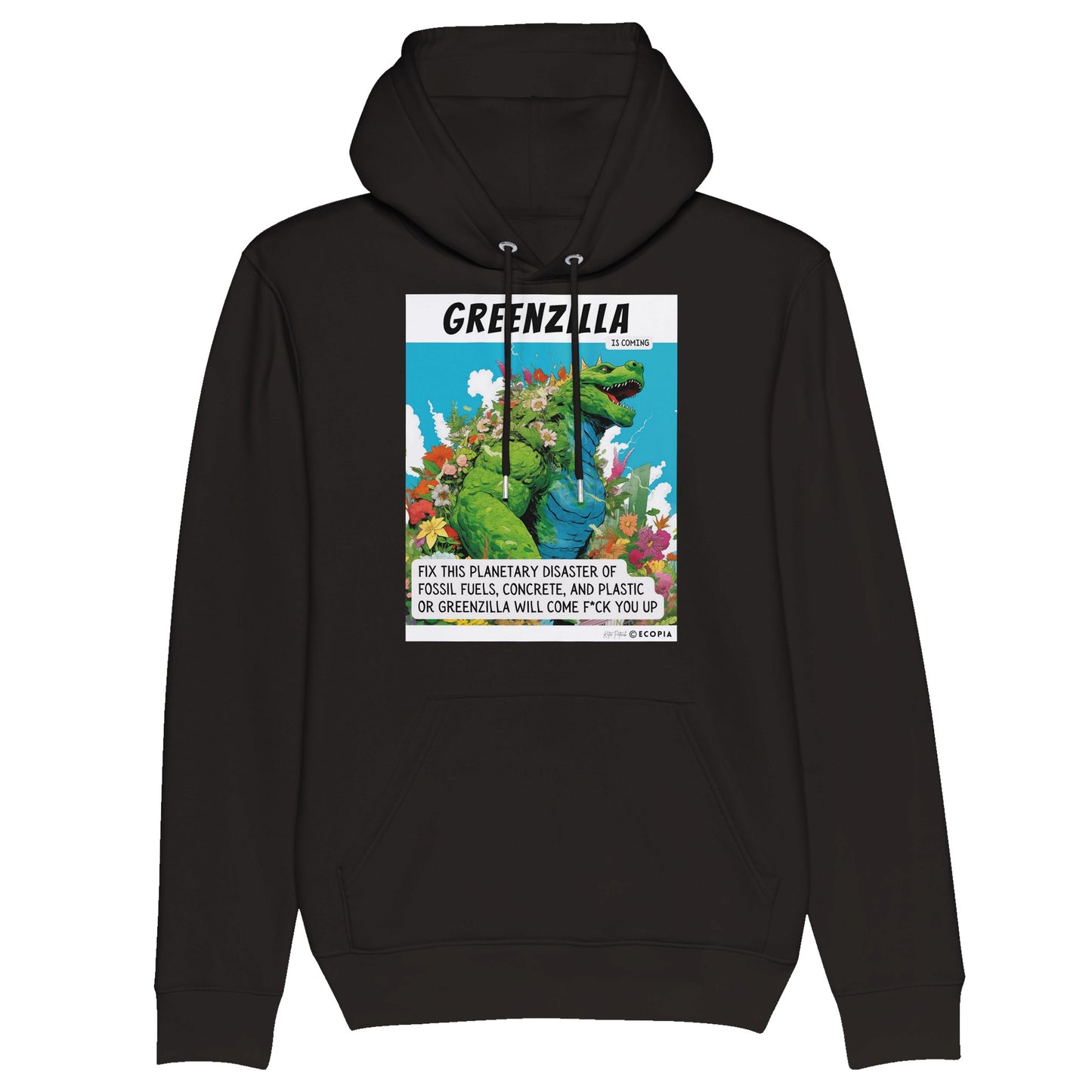 *Organic* “Greenzilla Is Coming” Unisex Pullover Hoodie | Black + Navy