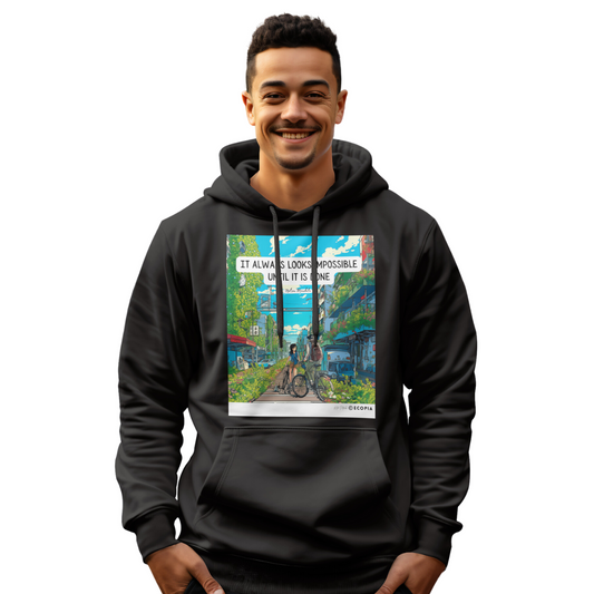 *Organic* “It Always Looks Impossible Until It Is Done” Unisex Pullover Hoodie | Black + Navy