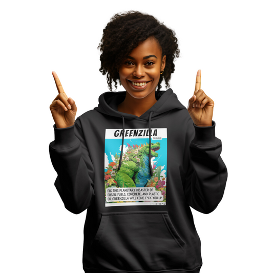 *Organic* “Greenzilla Is Coming” Unisex Pullover Hoodie | Black + Navy