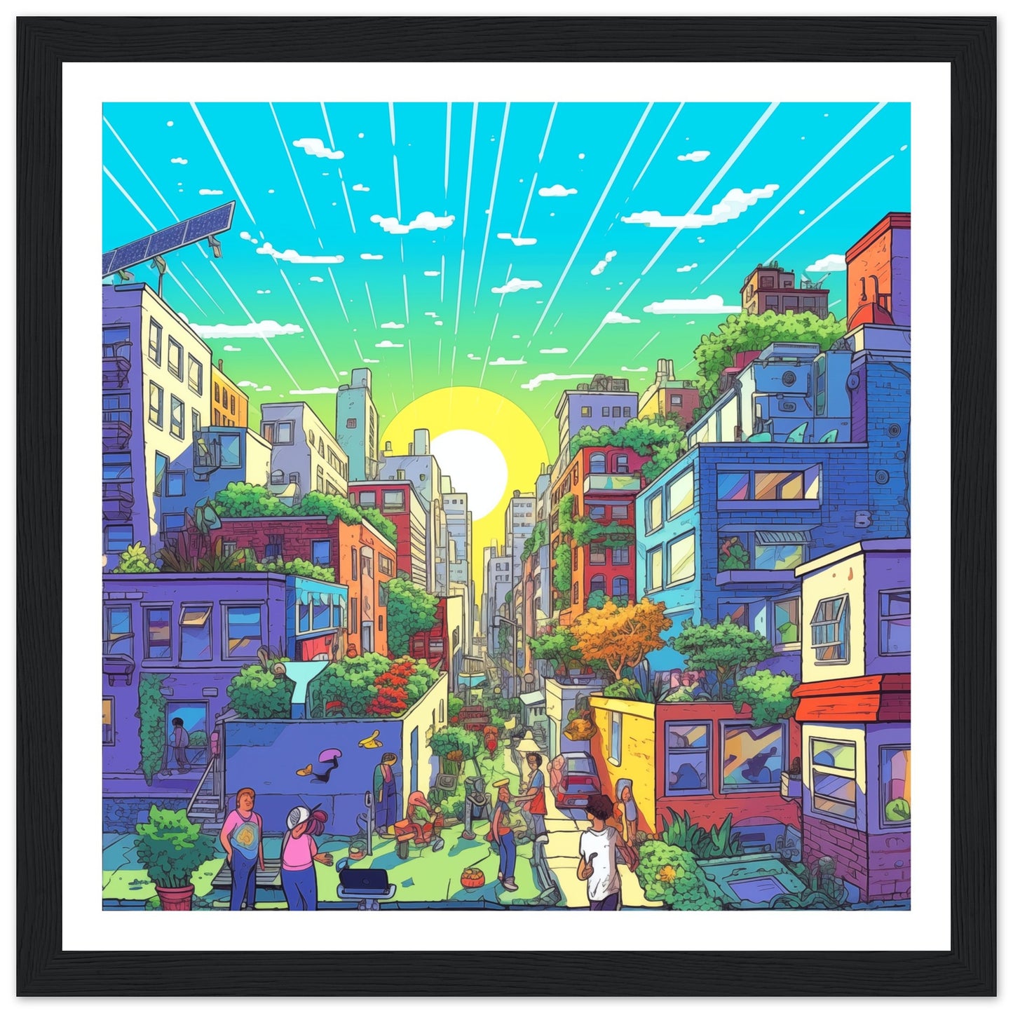 Solarpunk Sunrise Premium Wooden Framed Print