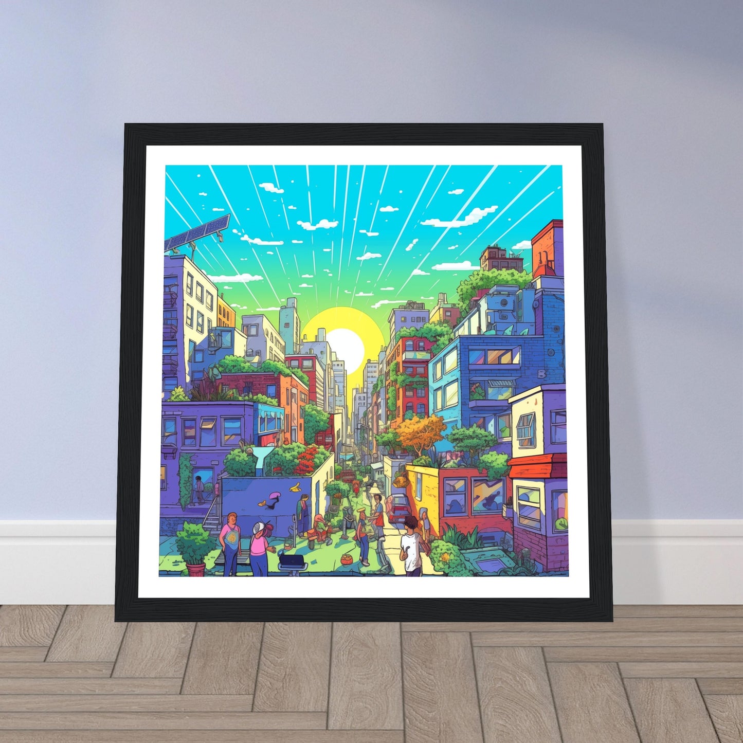 Solarpunk Sunrise Premium Wooden Framed Print